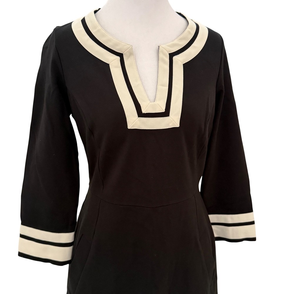 Lands End Black Cream Trim V Neck 3/4 Sleeve Dress Size 8